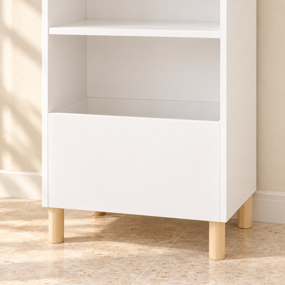 Mira bookcase lower open storage bin with a tall front panel