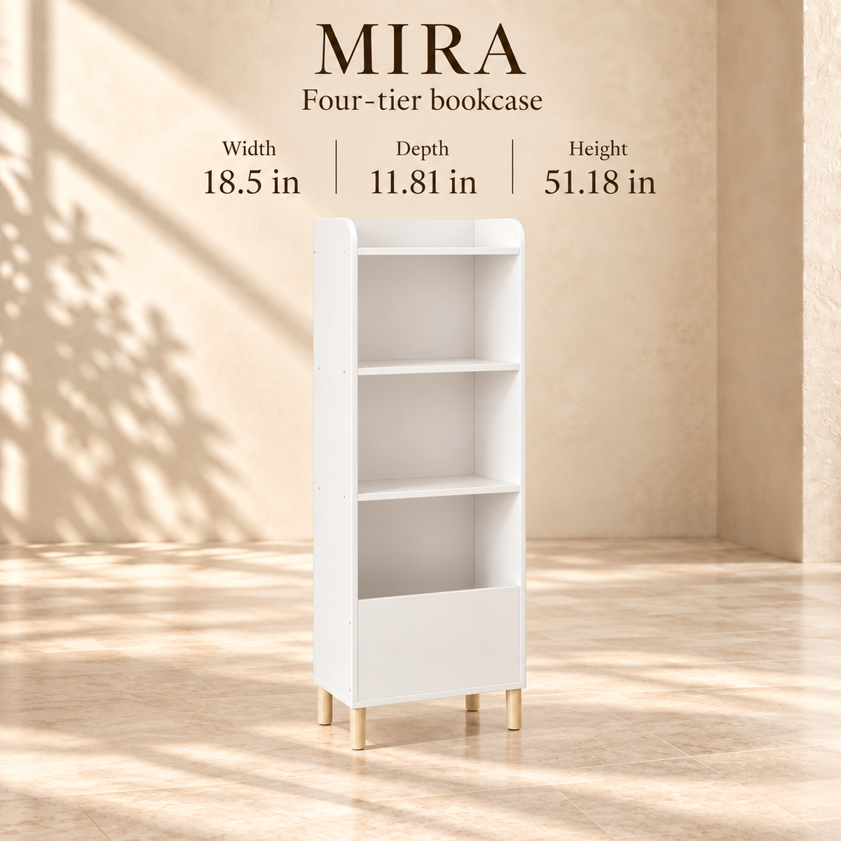 Mira four-tier bookcase dimensions: 18.5 inches wide, 11.81 inches deep and 51.18 inches high