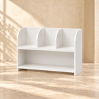 Mira white four-compartment bookcase with three upper sections and one wide lower shelf