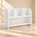 Alternate view of the low white Mira four-compartment bookcase