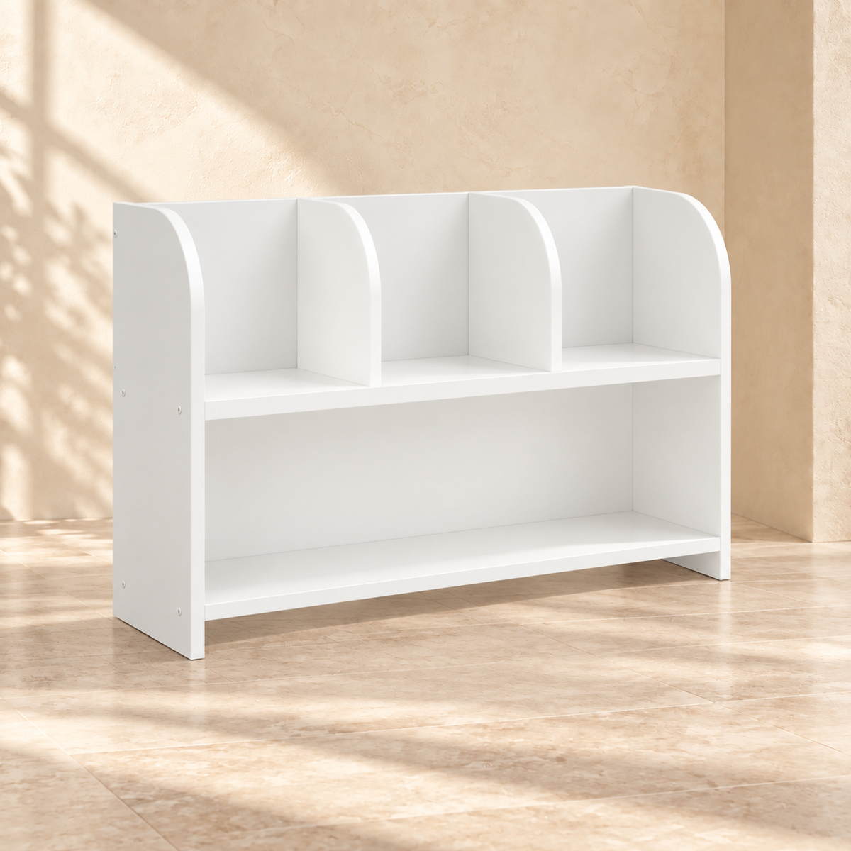 Alternate view of the low white Mira four-compartment bookcase