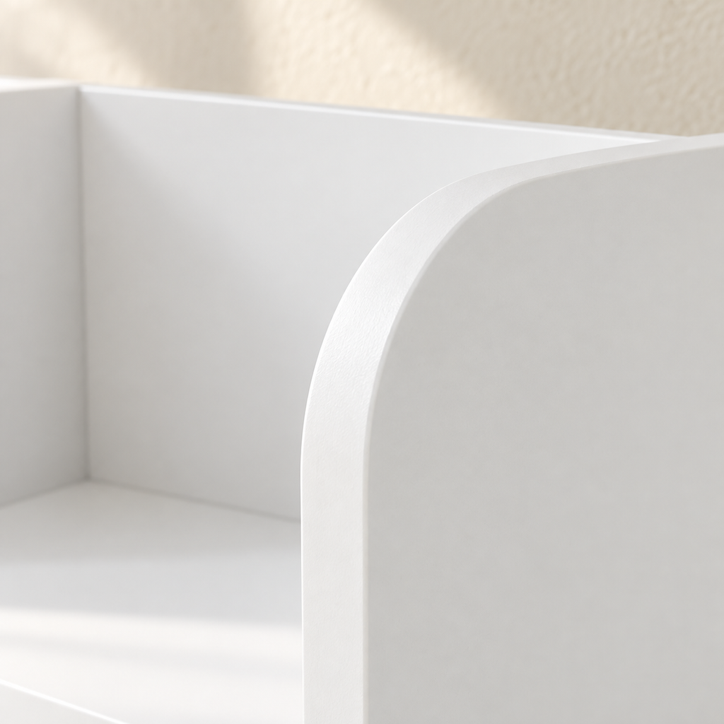 Close-up of the Mira bookcase’s rounded white divider edge