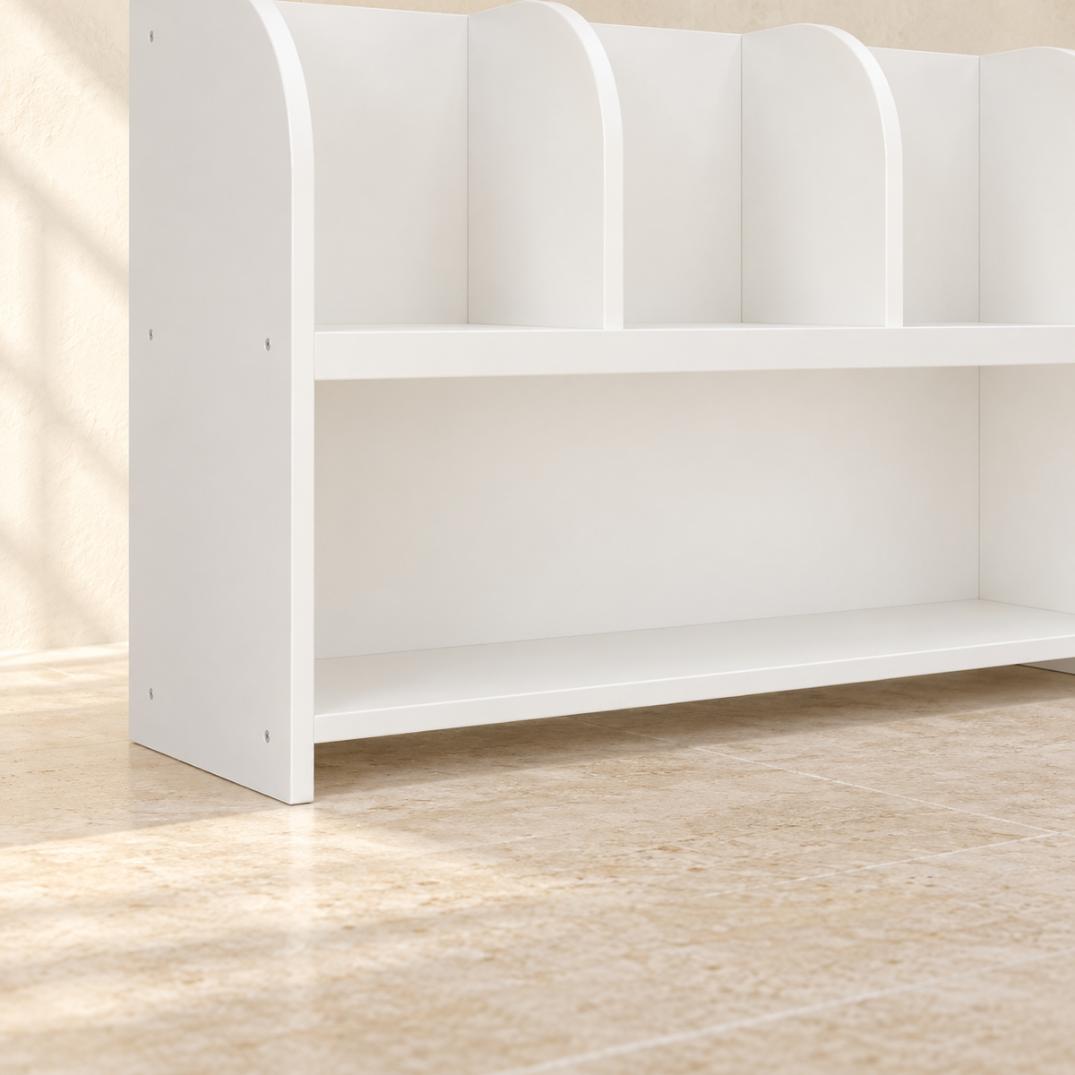 Mira bookcase wide lower shelf and side-panel foot detail