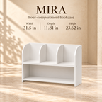 Mira four-compartment bookcase dimensions: 31.5 inches wide, 11.81 inches deep and 23.62 inches high