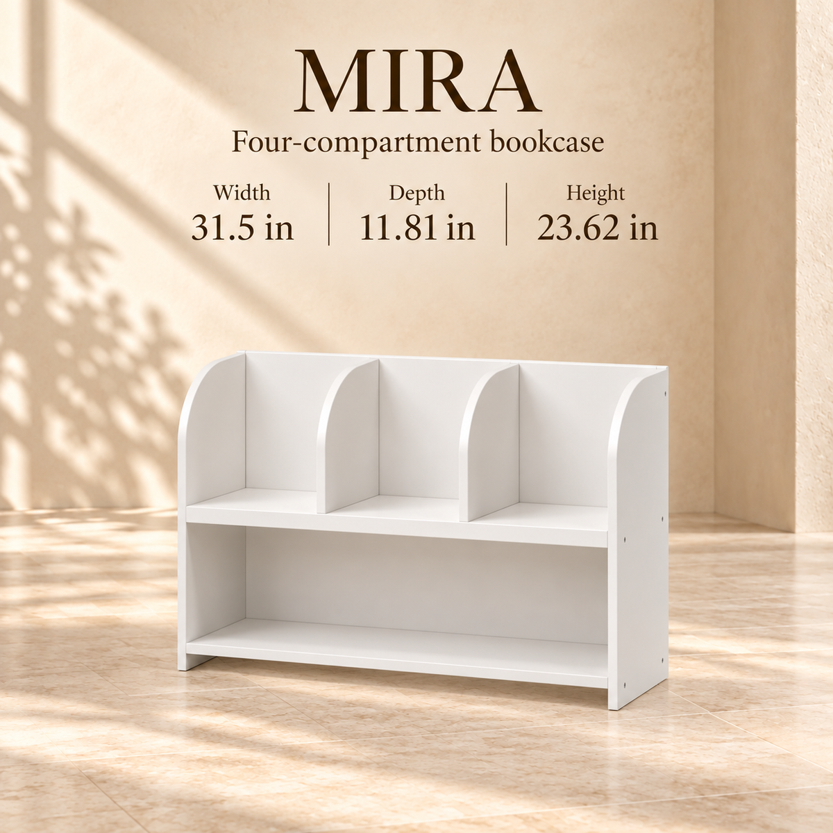 Mira four-compartment bookcase dimensions: 31.5 inches wide, 11.81 inches deep and 23.62 inches high