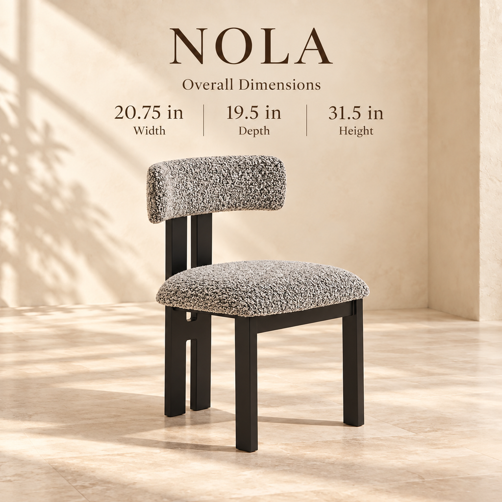 Nola chair dimensions: 20.75 inches wide, 19.5 inches deep and 31.5 inches high