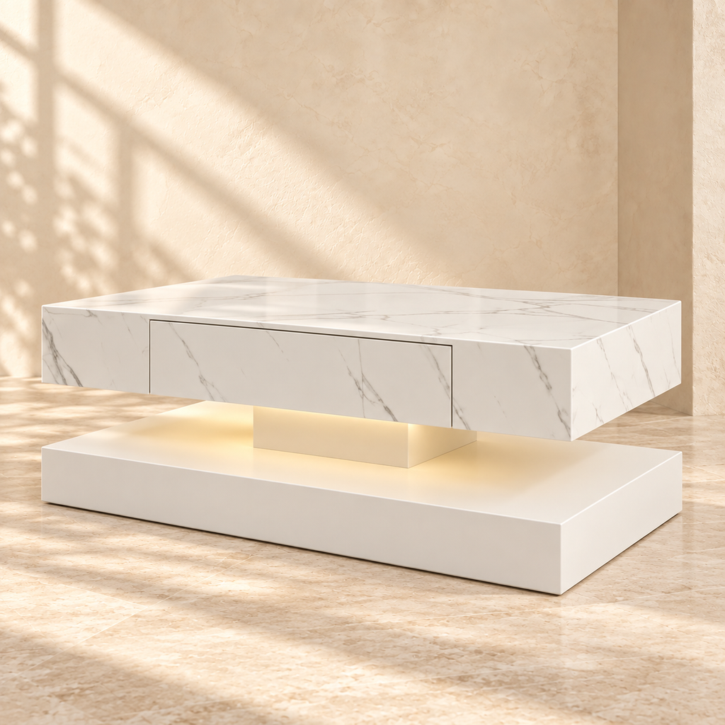 Nova white marble-look LED coffee table with a concealed drawer