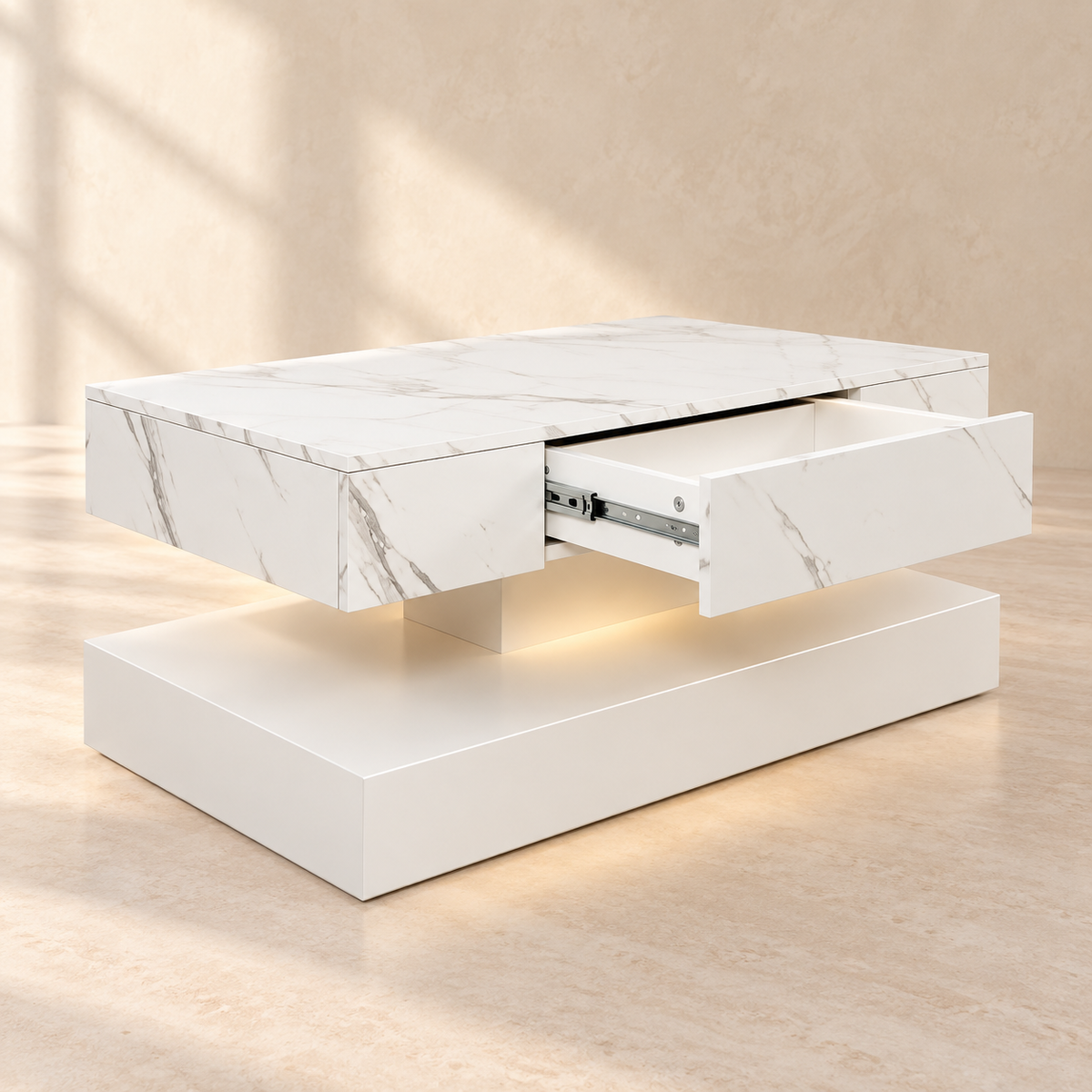 Nova white coffee table with storage drawer open and LED lighting