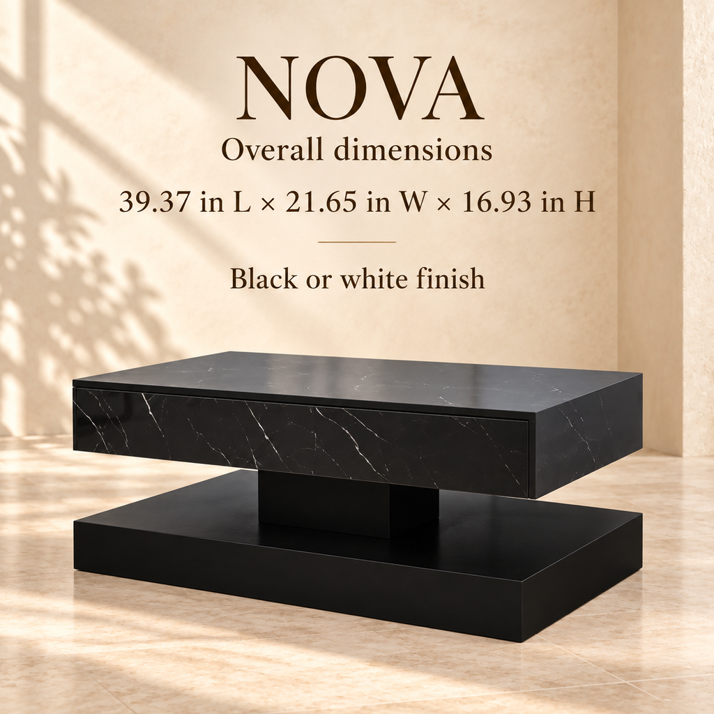 Nova coffee table dimensions, 39.37 by 21.65 by 16.93 inches