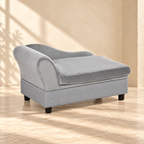 Pip gray pet sofa angled view showing the rolled arm and raised base