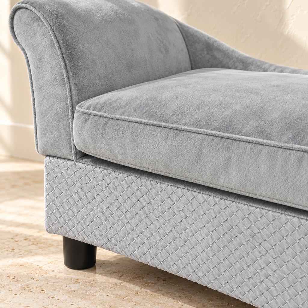 Pip soft gray cushion and textured storage base close-up