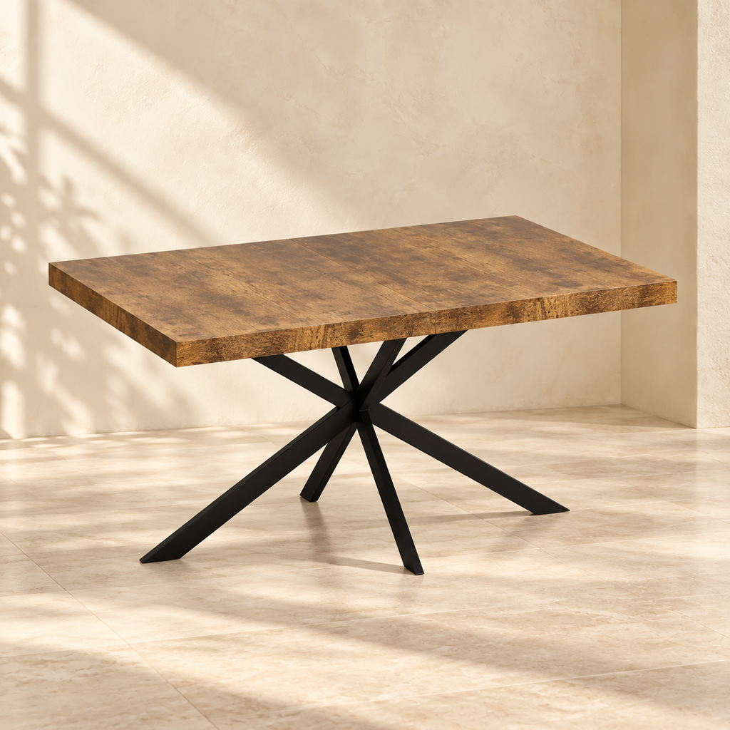 Rhea brown wood-look dining table with black crossed metal base in compact configuration