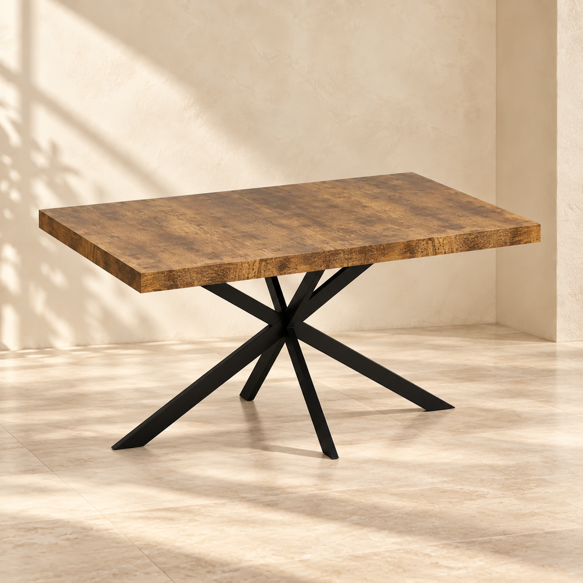 Rhea brown wood-look dining table with black crossed metal base in compact configuration