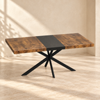 Rhea dining table extended with its contrasting black center leaf