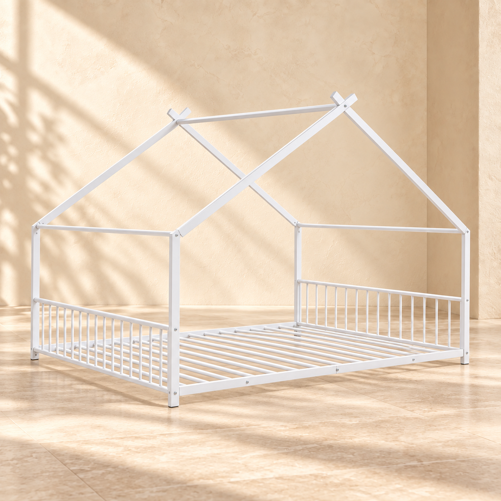 Willa white full-size metal house bed frame with support slats in a warm cream room