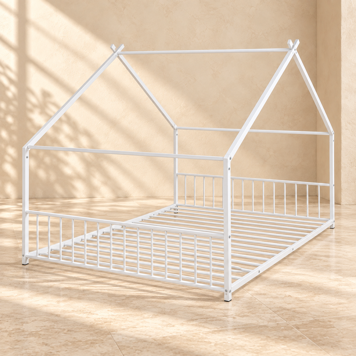 Alternate view of the Willa white house bed showing its open roof frame and slats