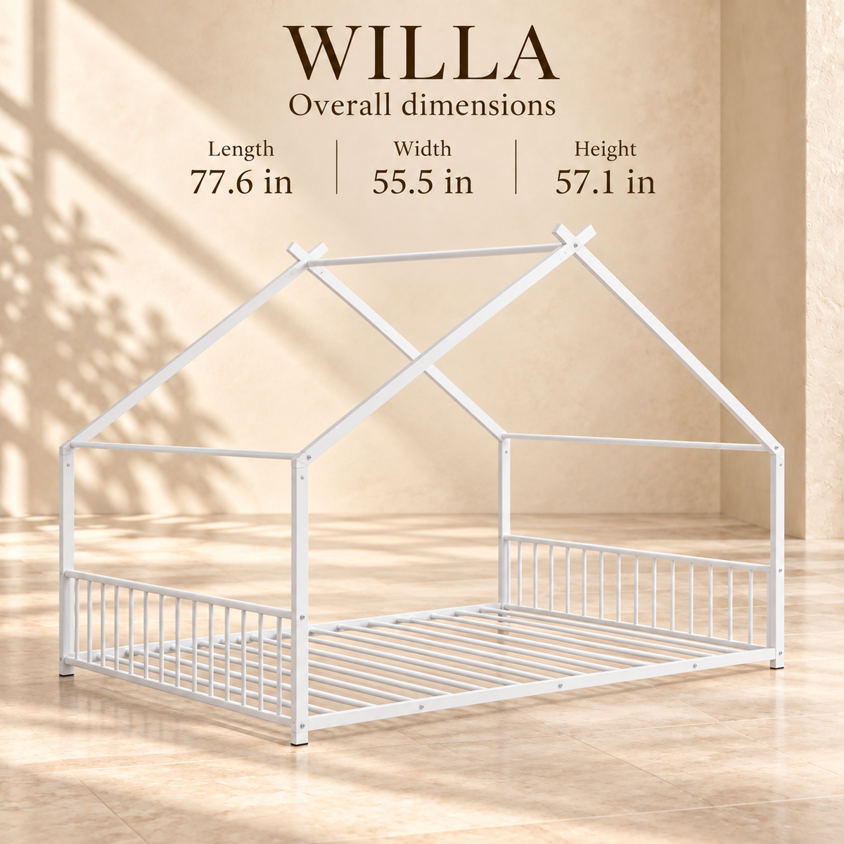 Willa bed dimensions: 77.6 inches long, 55.5 inches wide and 57.1 inches high