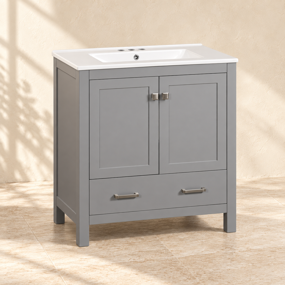 Wren Bathroom Vanity with Ceramic Sink — Gray, 30 in