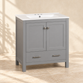 Wren gray bathroom vanity with white ceramic sink in a warm cream interior