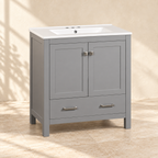 Wren gray bathroom vanity with white ceramic sink in a warm cream interior