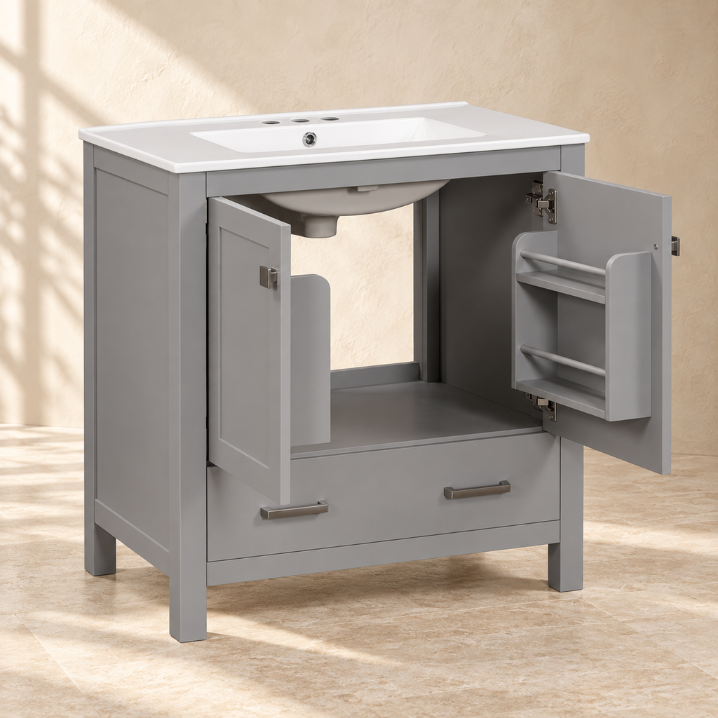 Wren vanity with open cabinet doors showing built-in storage racks