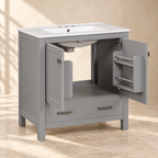 Wren vanity with open cabinet doors showing built-in storage racks
