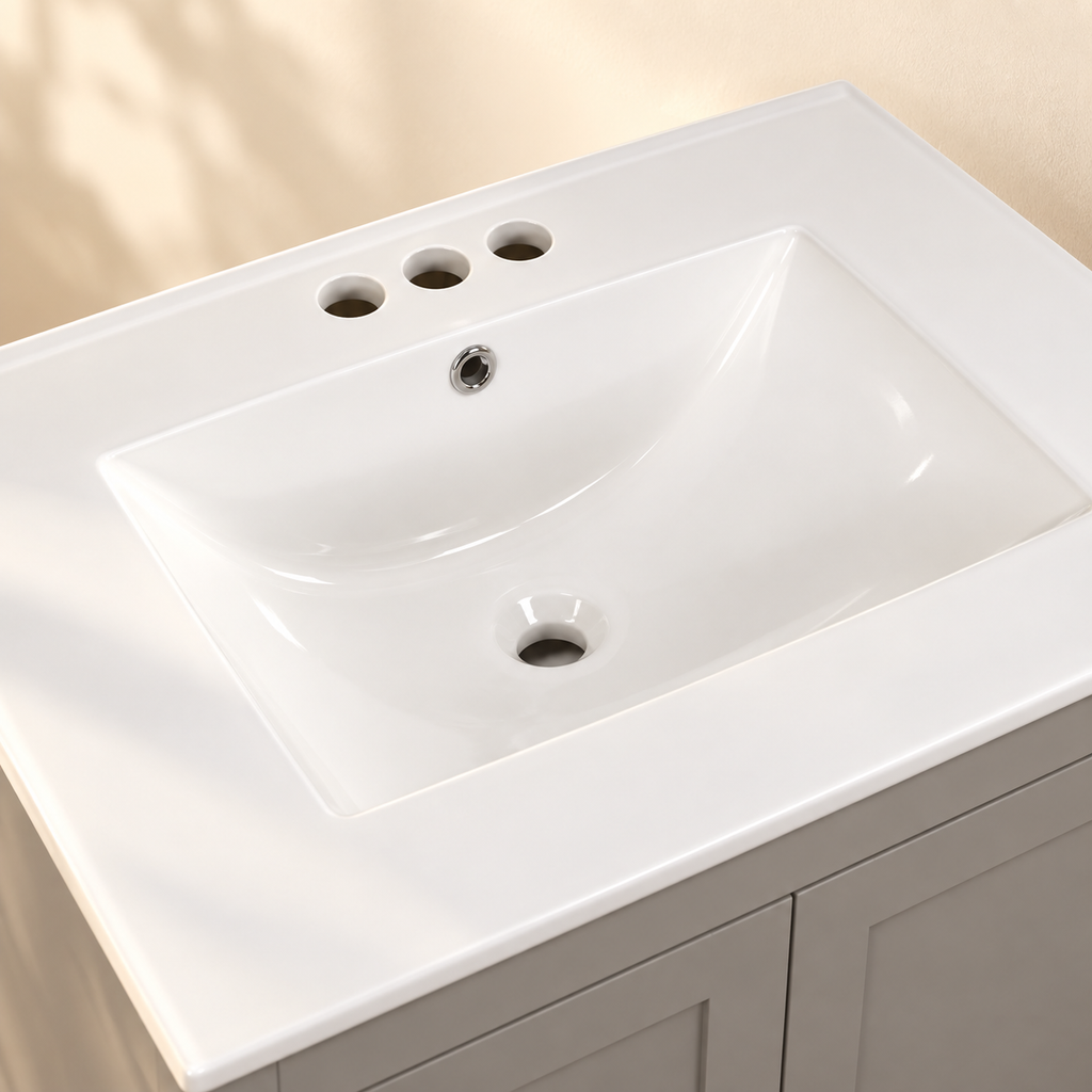 White ceramic Wren sink with three predrilled faucet holes, without faucet