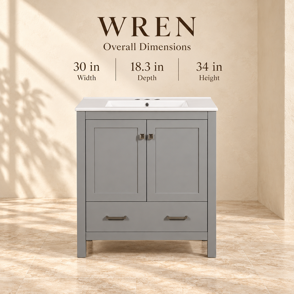 Wren vanity dimensions: 30 inches wide, 18.3 inches deep and 34 inches high