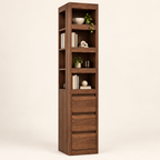 Haven tall display cabinet in walnut finish with open shelves and three drawers