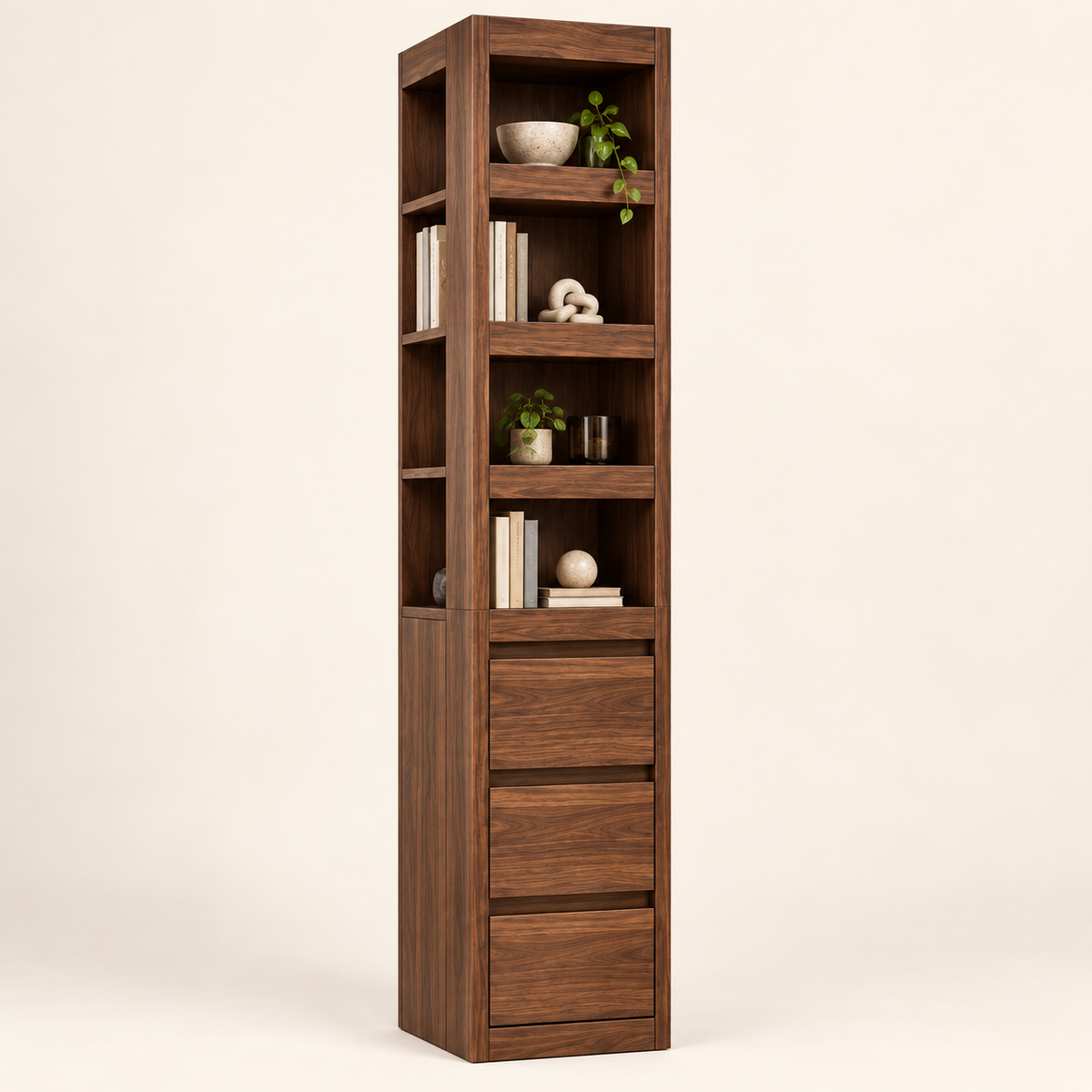 Haven tall display cabinet in walnut finish with open shelves and three drawers