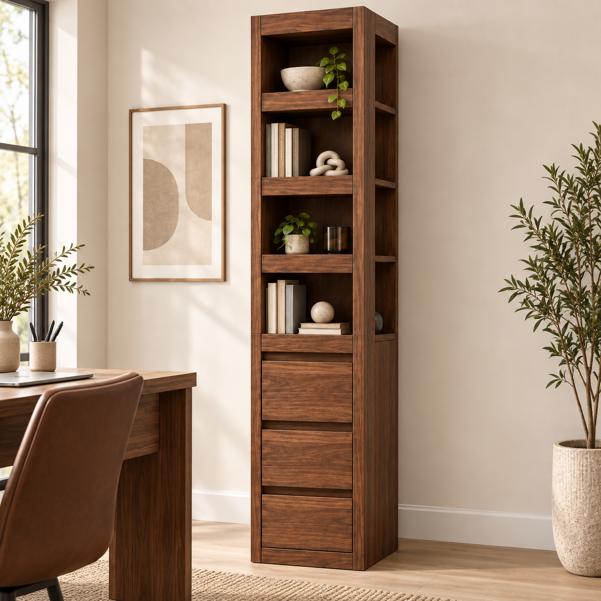 Haven walnut-finish cabinet styled beside a desk