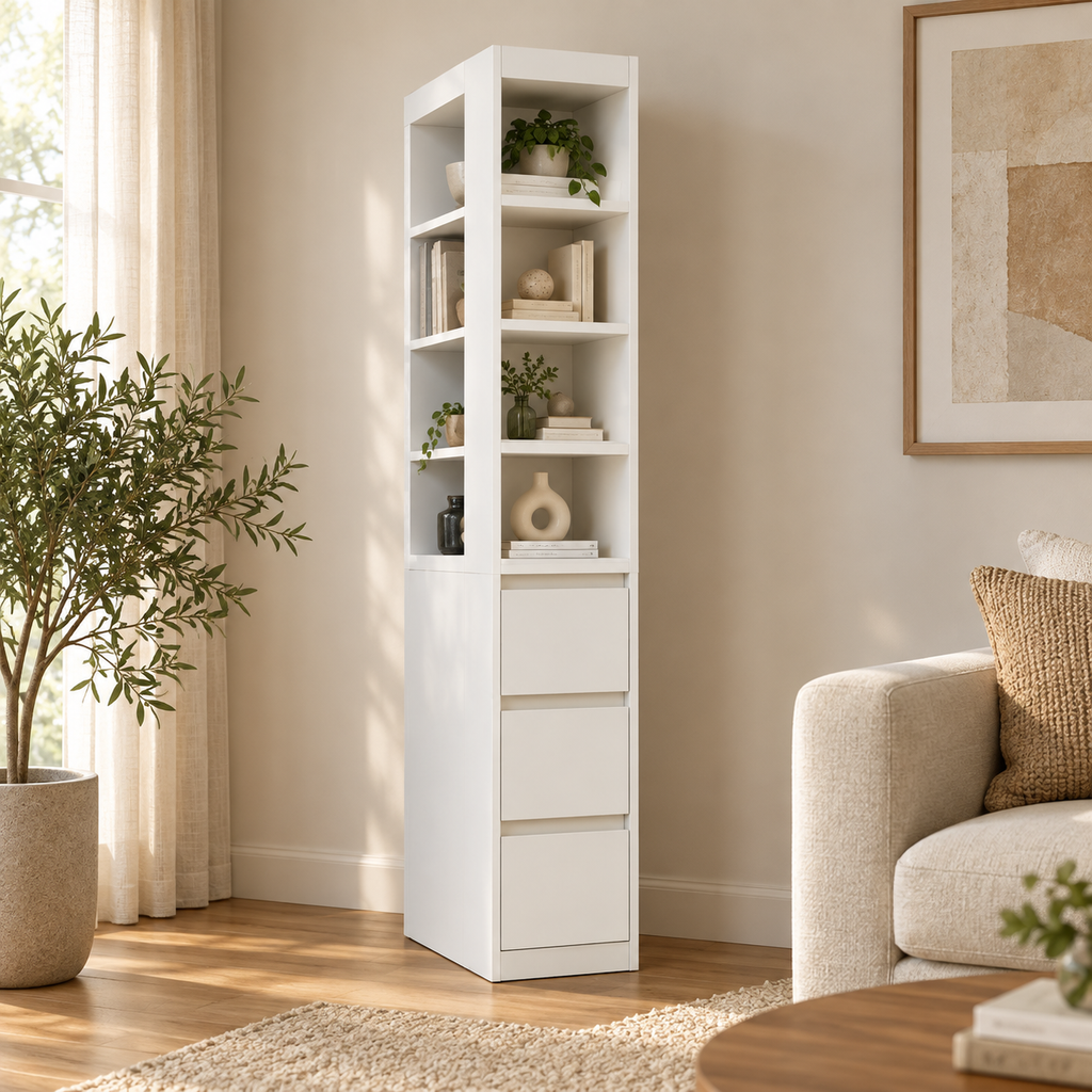 Haven white display cabinet in a softly lit room
