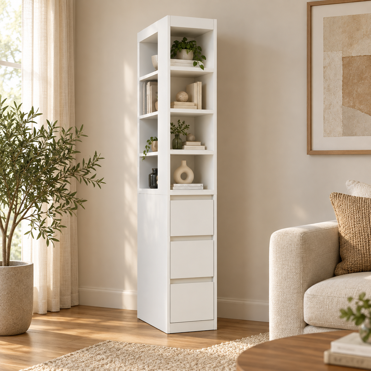 Haven white display cabinet in a softly lit room