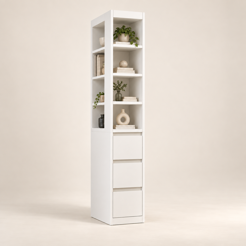 Full view of Haven’s white shelves and lower drawers