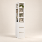 Full view of Haven’s white shelves and lower drawers