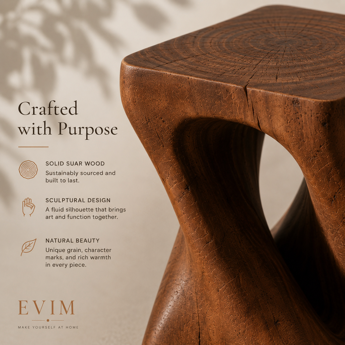 Close-up of The Sculpt Accent Table highlighting its solid suar wood grain, sculptural shape, and natural character.