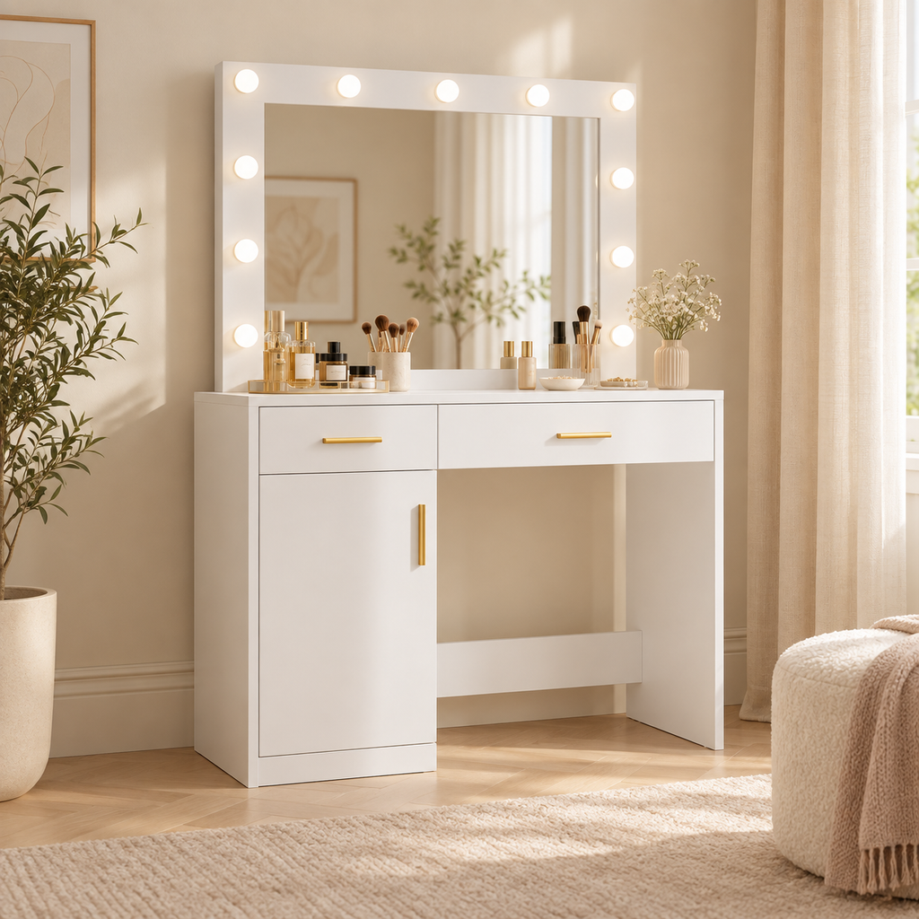 Luna white vanity with bulb-lit mirror styled in a bedroom