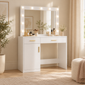 Luna white vanity with bulb-lit mirror styled in a bedroom