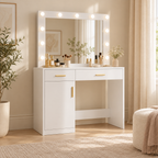 Luna white vanity with bulb-lit mirror styled in a bedroom