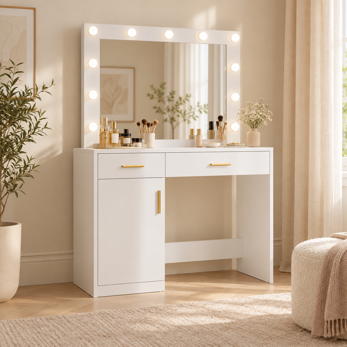 Luna white vanity with bulb-lit mirror styled in a bedroom