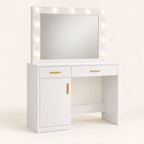 Front view of Luna’s bulb-lit mirror, drawers and cabinet