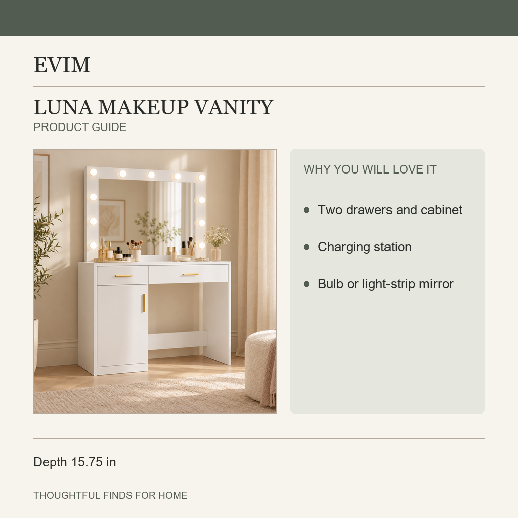 Luna vanity storage and charging features information card
