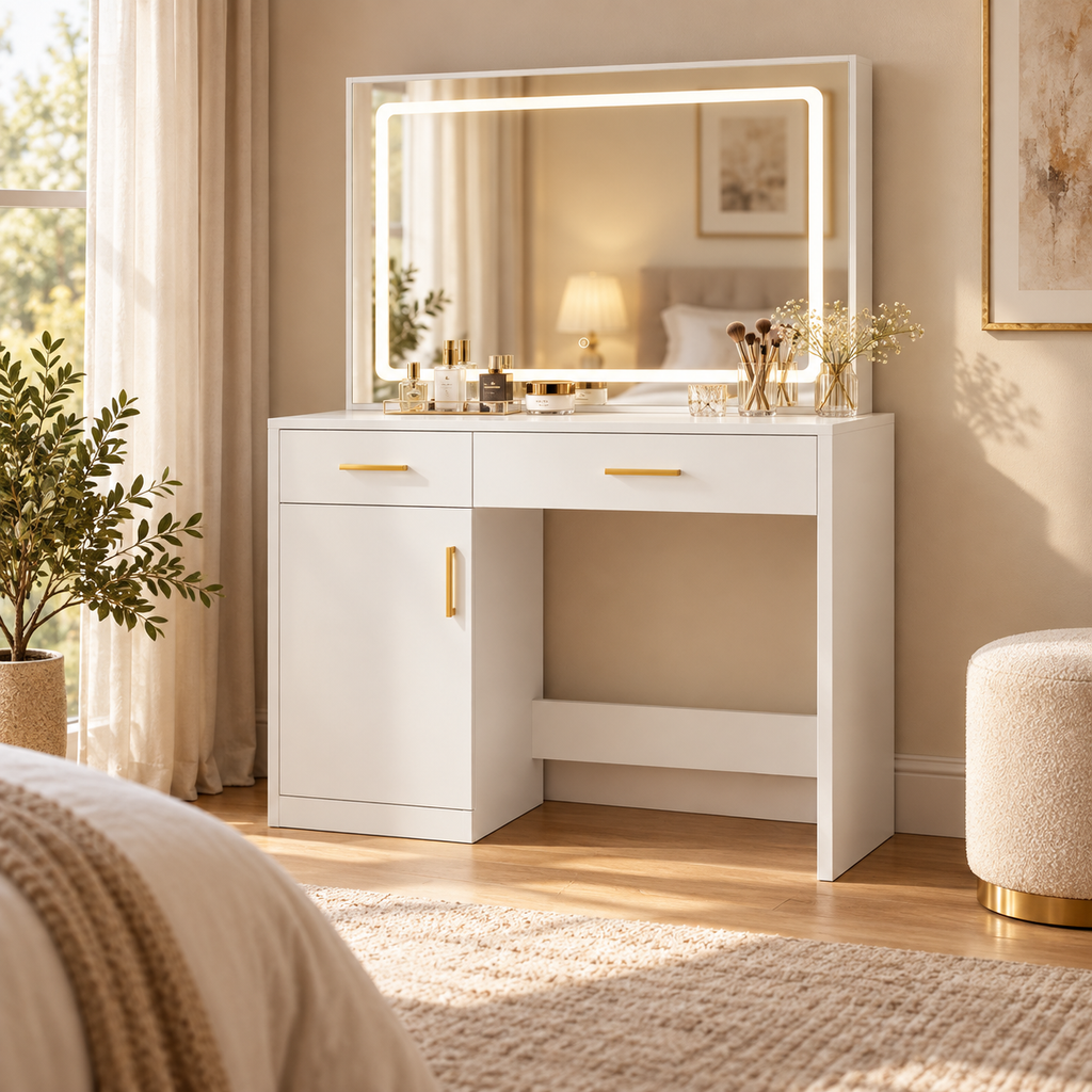 Luna vanity in a warm bedroom setting