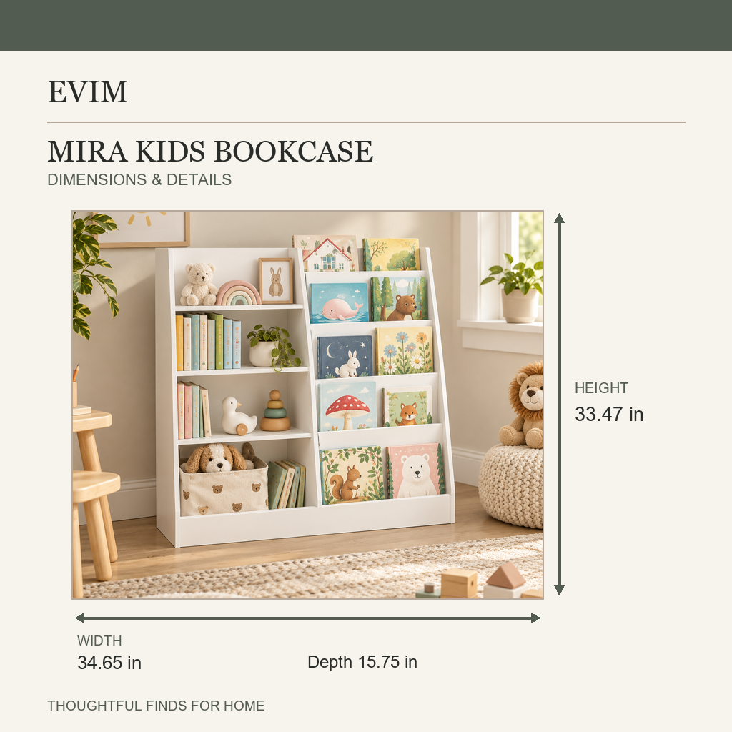 Mira children’s bookcase and toy organizer size guide