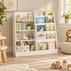 Mira white children’s organizer with open cubbies and front-facing book shelves