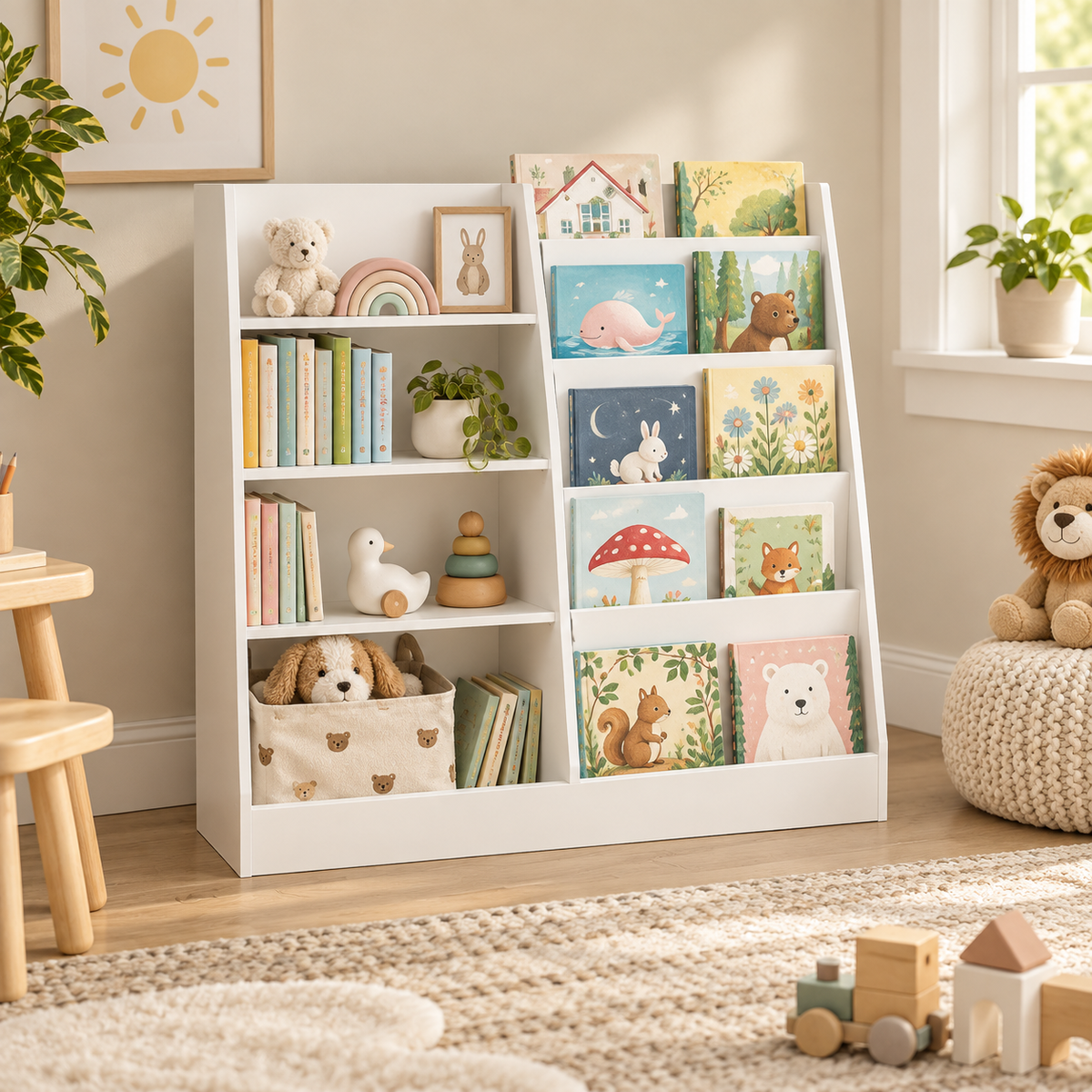 Mira white children’s organizer with open cubbies and front-facing book shelves