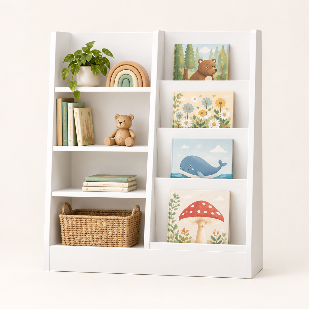 Front view of Mira’s book display and open storage compartments