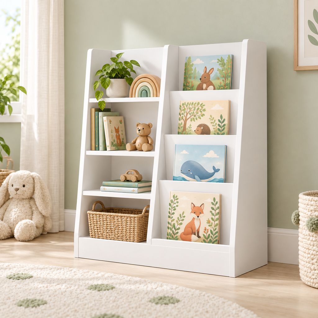Angled room view of Mira’s white bookcase and toy storage