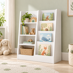 Angled room view of Mira’s white bookcase and toy storage