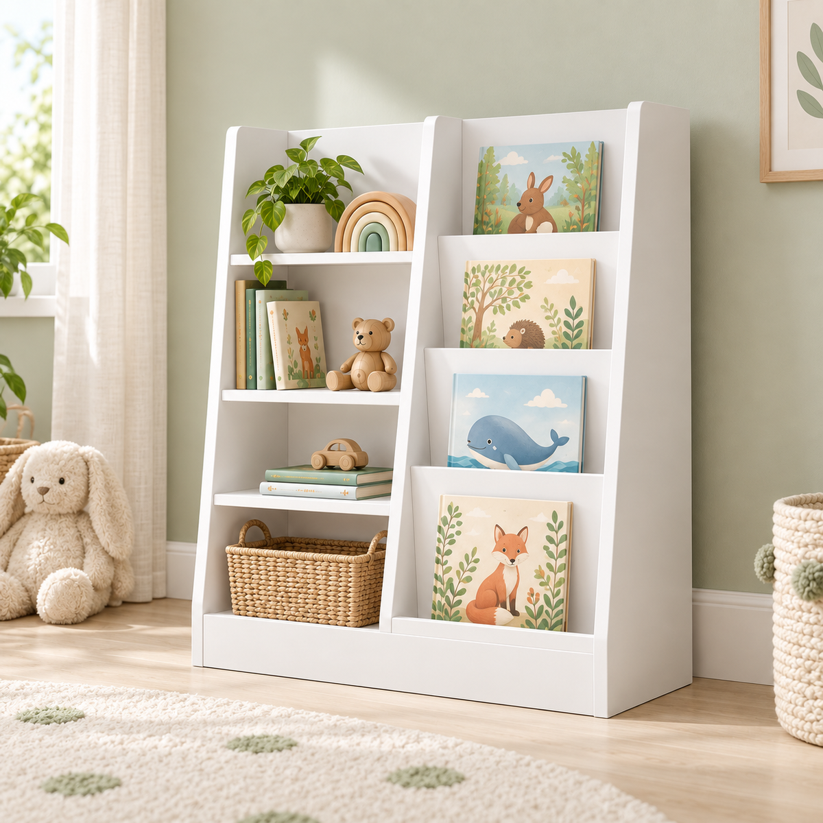 Angled room view of Mira’s white bookcase and toy storage